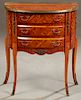 Diminutive French Inlaid Mahogany Louis XV Style Ormolu Mounted Bowfront Commode, 20th c., the parquetry inlaid brass galleried top over three bowed d