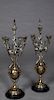 Pair of French Brass and Marble Five Light Candelabra, late 19th c., the five leaf decorated candle arms issuing from an egg shaped support with relie