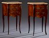Pair of French Louis XV Style Marble Top Ormolu Mounted Marquetry Inlaid Mahogany Bombe Nightstands, 20th c., each with a stepped edge shaped ocher ma