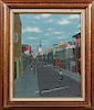 Adolph Kronengold (1900-1986, New Orleans), "Chartres Street Late Afternoon," 1984, oil on masonite, signed and dated lower right, presented in a step