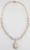 14K Yellow Gold Link Necklace, with twenty oval pierced links separated by two small round diamonds, transitioning to ten cabochon pear and marquise o