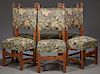 Set of Six French Renaissance Style Carved Oak Upholstered Dining Chairs, c. 1900, the square backs above square cushioned seats on square legs joined