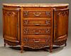 French Louis XV Style Breakfront Carved Cherry Marble Top Sideboard, 20th c., the thick Breche d'Alpes stepped edge breakfront marble over a central b