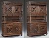 Rare Pair of French Provincial Carved Oak Buffets a Deux Corps, 19th c., Brittany, the stepped crown over a spindle gallery above double setback spind