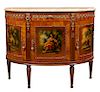 French Louis XVI Style Burl Walnut Marble Top Demilune Sideboard, early 20th c., the reeded rounded edge mauve and ocher marble over a frieze drawer a