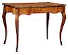 French Louis XV Style Carved Mahogany Marquetry Inlaid Writing Table, 19th c., the brass banded inlaid top over an inlaid wide skirt, on ormolu mounte