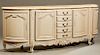 French Louis XV Style Polychromed Cherry Marble Top Bowfront Sideboard, 20th c., the breakfront demilune highly figured ocher marble over a central ba