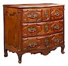 French Louis XV Style Carved Walnut Marble Top Bombe Commode, 18th c., the bowed rouge marble over three frieze drawers over two deep drawers, flanked