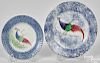 Blue spatter peafowl cup plate and toddy plate