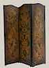 3 FOLD LEATHER SCREEN PAINTED W/ BIRDS & GRAPEVINE