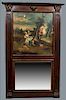 French Louis XVI Style Carved Oak Trumeau Mirror, 19th c., the stepped crown over a putto mask, above an oil on canvas of lovers in a garden being spi