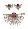 Retro 14K Gold Diamond Pink Stone Earrings Brooch Set