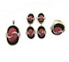 14K Gold Diamond Carved Coral Onyx Earrings Ring Pendant Set