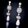 A Pair of Natural Pearl and Diamond Platinum Earrings
