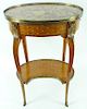 Antique Marble Top Brass Marquetry Wood Side Table