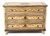 A Venetian Style Painted Chest of Three Drawers Height 36 1/4 x width 52 1/2 x depth 24 inches.