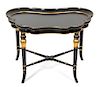 A Regency Style Black Lacquer Tray Top Table with Gilt Accents Height 20 3/4 x width 30 x depth 20 3/4 inches.