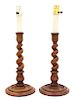 A Pair of English Walnut Barley Twist Candlestick Lamp Bases Height of candlestick 13 1/4 inches.