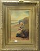19th century oil on canvas painting of a woman on the coast, in large frame, 20" x 12".