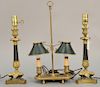 Three lamps including pair of bronze and gilt bronze table lamps and brass lamp with double metal shades. ht. 15 in. & 18 in.