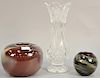 Three vases including two Daniel Read bulbous form art glass vases and a large Waterford crystal vase. ht. 6 in., 4 1/4 in., & 14 in.