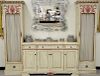 Custom oak three part cabinet having marble top center cabinet flanked by two grill work doors. ht. 82 in., wd. 109 in.