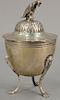 Silver covered bowl with bird finial (one leg off but available). ht. 7 in., 12 t oz.