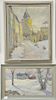 Four framed oil paintings including John Whiting (1884-1977), oil on canvas, snowscape with red barn; oil on canvas church snowscape...