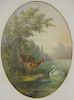 Anthony Hochstein (1830-1909), oval oil on paper, two deer with swan landscape, signed lower right Hochstein, sight size 11 1/2" x 8...