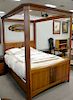 Three piece Stickley cherry queen canopy bed with mattress and box spring. ht. 88 in.