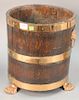 Victorian style oak barrel form planter, copper bound with lion head handles. ht. 14 1/2 in., dia. 13 in.