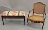 Three piece group including French fauteuil armchair with caned back, upholstered side chair, and seat and a bench ht. 20 in., top: ...