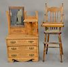 Two piece lot including oak child's chest and mirror with high chair. ht. 41 in., wd. 23 in.