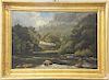 Oil on canvas, river landscape with house, unsigned, relined with gilt frame, 20" x 30".