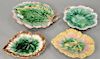 Four Etruscan Majolica leaf dishes. lg. 9 in. to 12 in.
