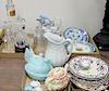 Five tray lots of glass and china to include milk glass rooster boxes, ironstone, crystal decanter (one with silver top), pitchers,...