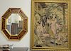 Two framed pieces including contemporary chinoiserie decorated framed mirror 35" x 30" and a large framed tapestry 35" x 30".