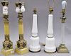 Group of five table lamps, pair of painted white metal crystal column glass lamp, and pair of milk glass lamps. ht. 31 in. to 36 in.