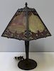 Arts & Crafts Slag Glass Lamp W Metal Overlay