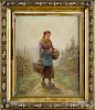 Continental oil on canvas painting, late 19th c., depicting a Dutch girl picking flowers