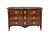 Louis XV Ormolu Mounted Marble Top Fruitwood Inlaid Mahogany Four Drawer Commode, 18th century