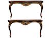 Pair of Louis XV Style Carved, Painted, Giltwood, and Rouge Marble Top Console Tables, ca. 1900