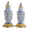 Pair Chinese Export blue/white double wall urns