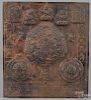 Southeast Asian embossed copper plaque with Buddhist figures and script, 12'' x 10 1/2''.
