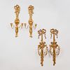 Two Pairs of Louis XVI Style Carved Giltwood Two Light Sconces