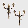 Pair of Empire Style Patinated Parcel-Gilt Bronze Two Light Sconces