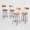 Set of Four Rustic Metal and Wood Bar Stools