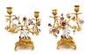 A Pair of Louis XV Style Porcelain Mounted Gilt Bronze Two-Light Candelabra Height 11 inches.