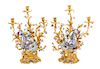 A Pair of Louis XV Style Porcelain Mounted Gilt Bronze Three-Light Candelabra Height 25 1/2 inches.