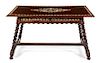 A Renaissance Revival Style Mother-of-Pearl Inlaid Trestle Table Height 31 1/4 x width 57 x depth 33 1/4 inches.